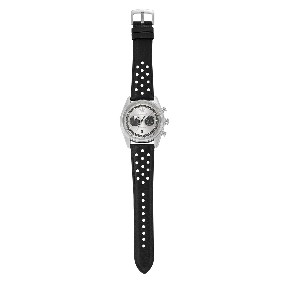 Emporio Armani Racer Chronograph Silver Dial Black Leather Strap Watch for Men - AR11677