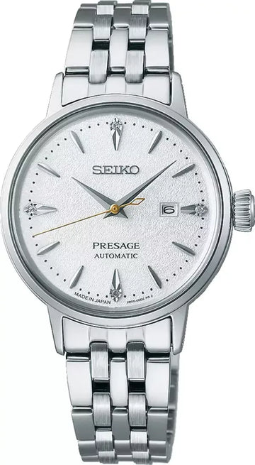 Seiko Presage Cocktail Time Automatic Diamonds White Dial Silver Steel Strap Watch for Women - SRE017J1