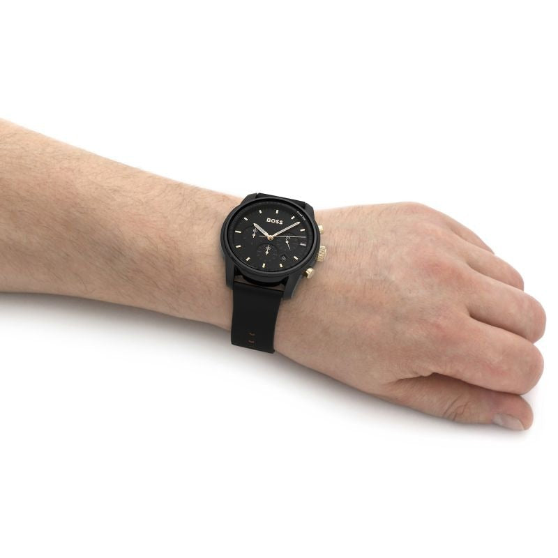  Shop Authentic Hugo Boss Trace Chronograph Black Dial Black Leather Strap Watch for Men - 1514003 - Luxxuri