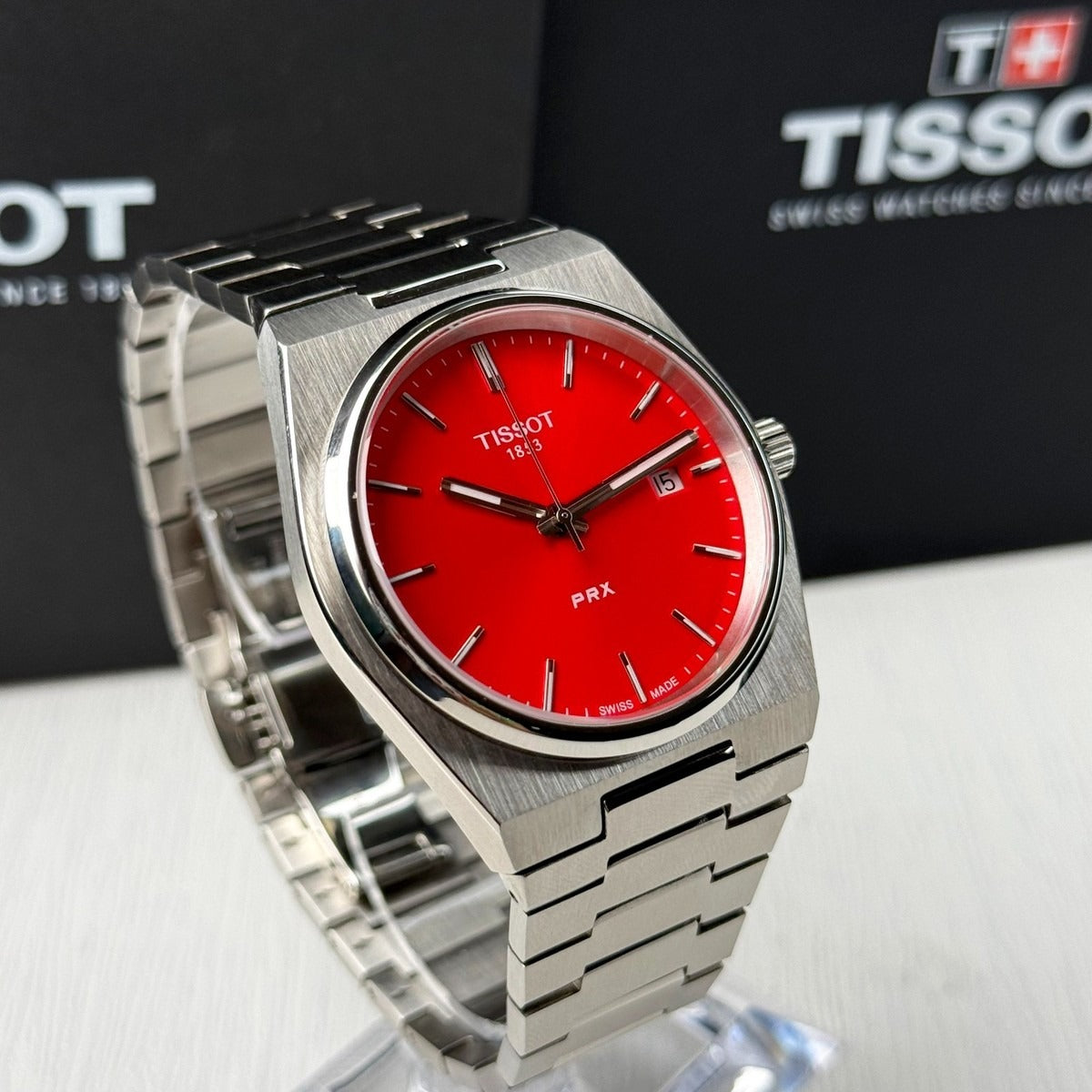 Tissot PRX Quartz Red Dial Silver Steel Strap Watch for Men - T137.410.11.421.00