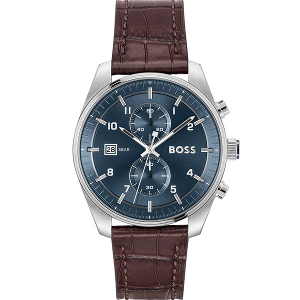 Hugo Boss Skytraveller Chronograph Blue Dial Brown Leather Strap Watch for Men - 1514194