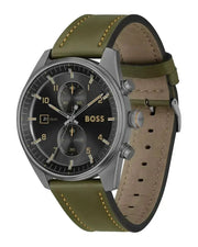 Hugo Boss Skytraveller Chronograph Black Dial Green Leather Strap Watch for Men - 1514148
