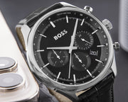  Shop Authentic Hugo Boss Gregor Chronograph Black Dial Black Leather Strap Watch for Men - 1514049 - Luxxuri
