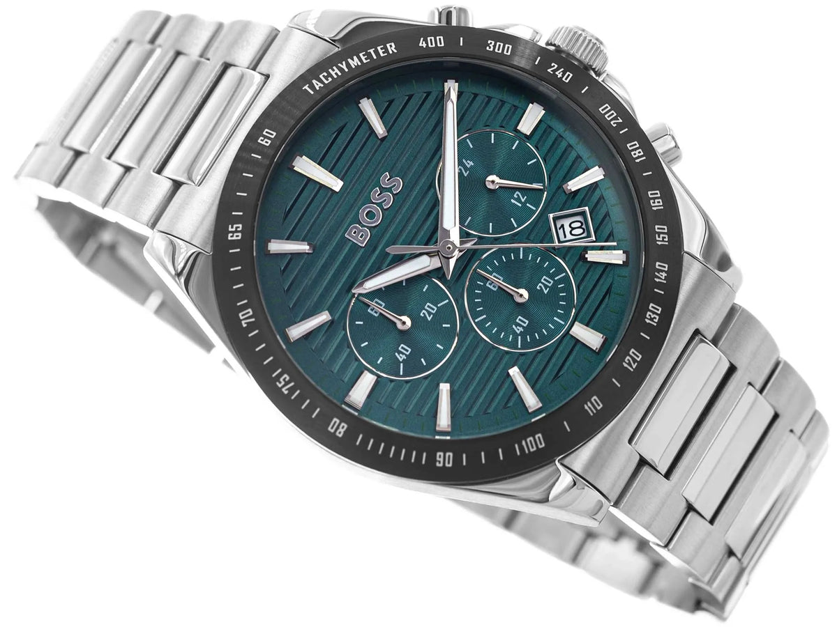Hugo Boss Strike Chronograph Green Dial Silver Steel Strap Watch for Men - 1514241