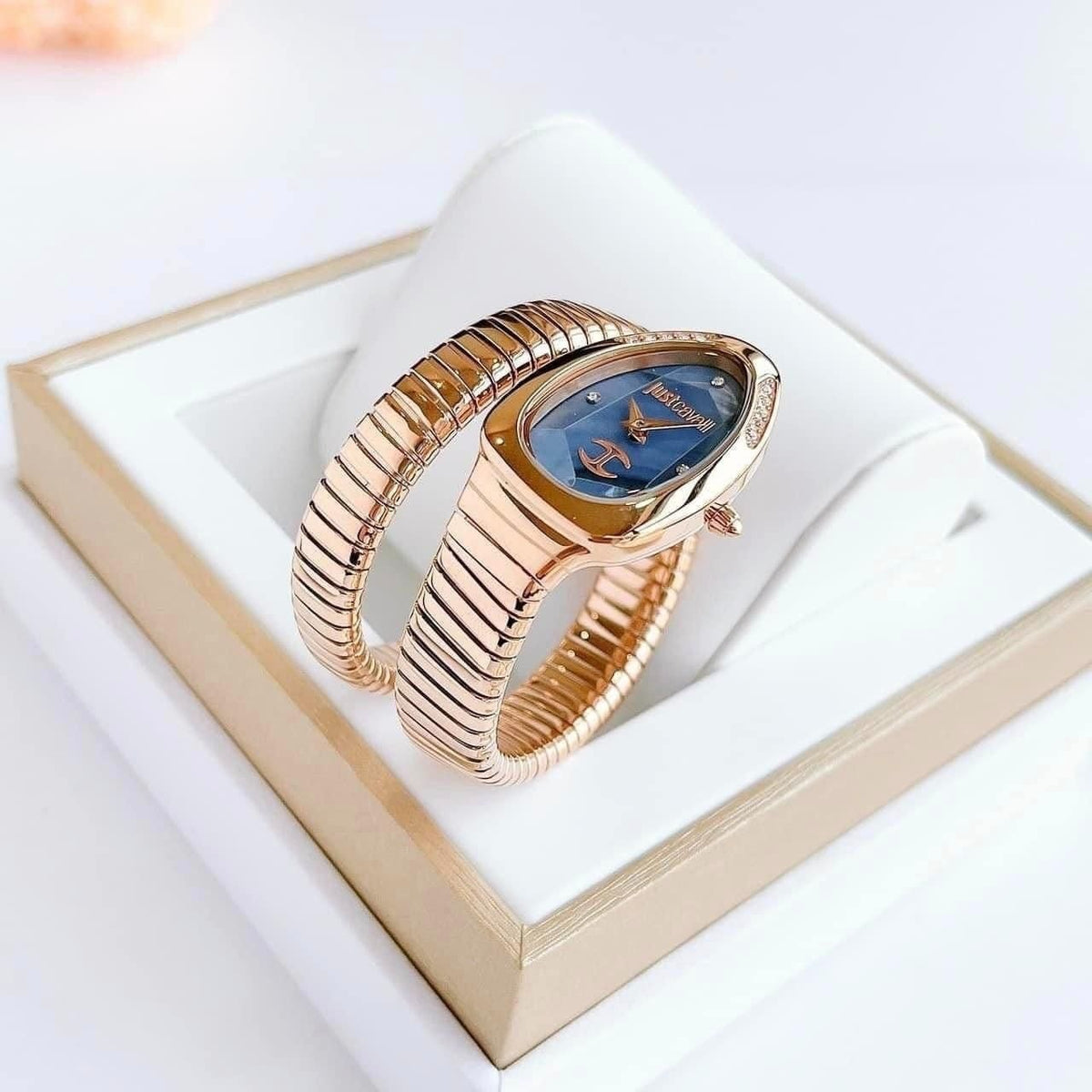 Just Cavalli Glam Evo 4 Blue Dial Rose Gold Steel Strap Watch for Women - JC1L229M0055