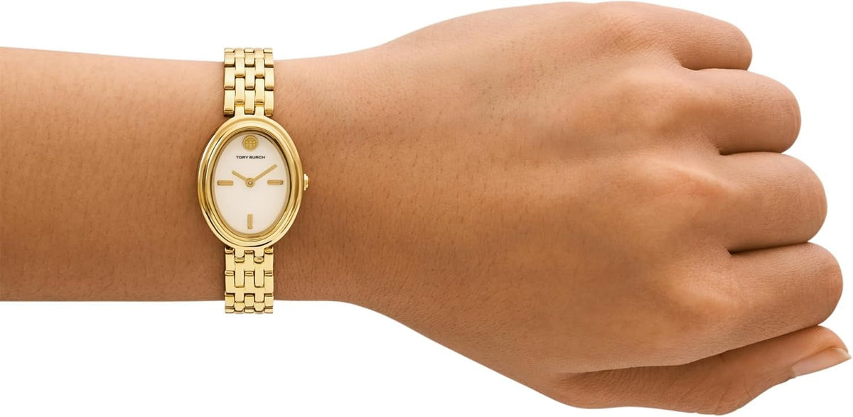 Tory Burch Oval White Dial Gold Steel Strap Watch for Women - TBW6032