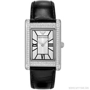 Emporio Armani Two Hand Crystals Silver Dial Black Leather Strap Watch for Women - AR11623