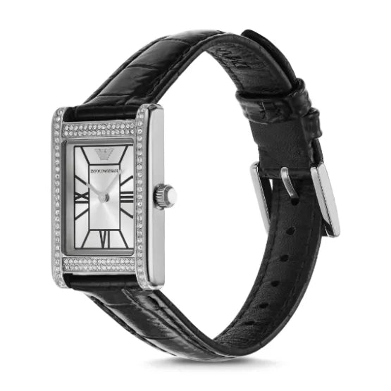 Emporio Armani Two Hand Crystals Silver Dial Black Leather Strap Watch for Women - AR11623