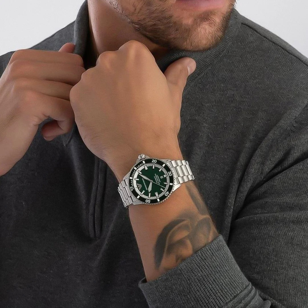 Emporio Armani Sea Explorer Green Dial Silver Steel Strap Watch for Men - AR60080