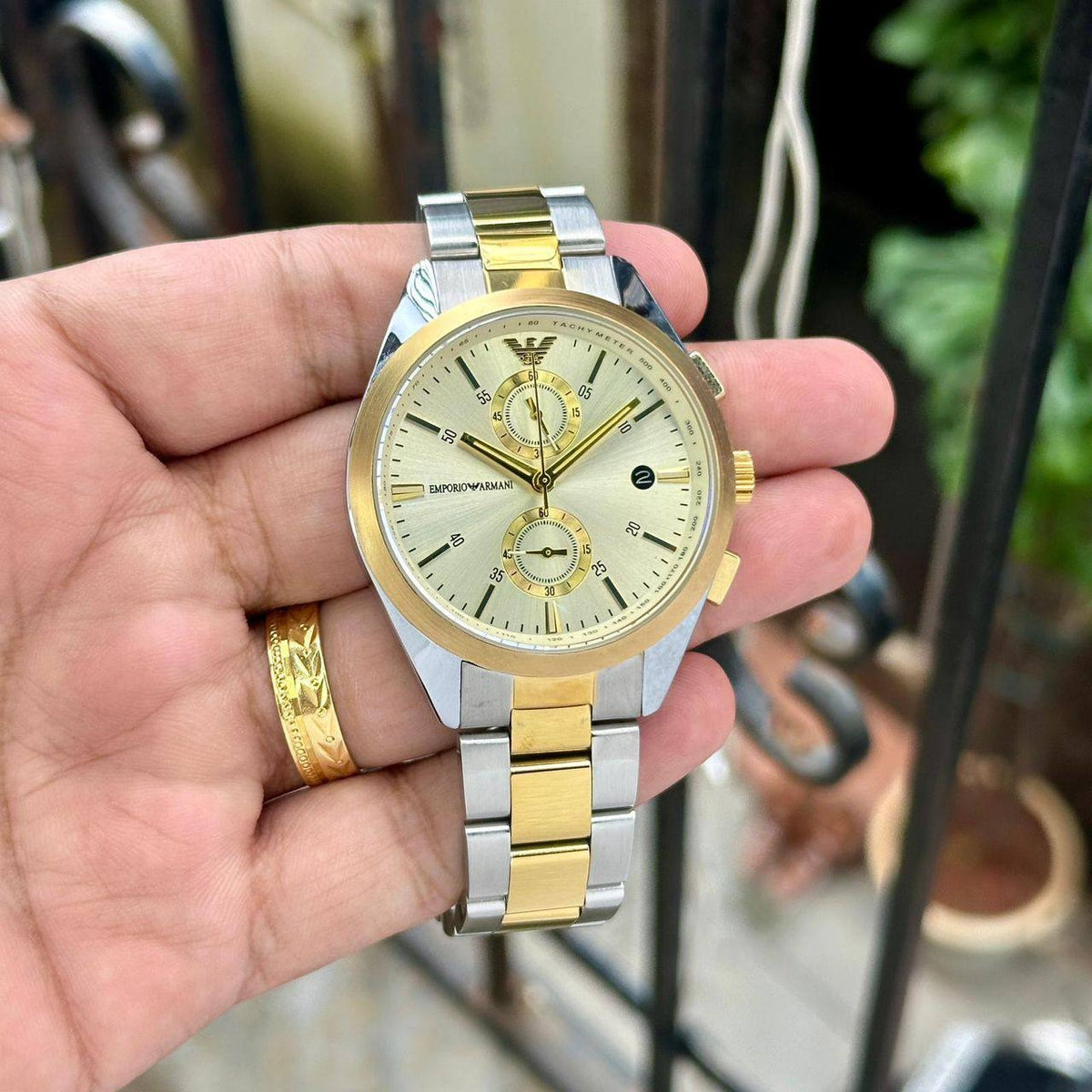 Emporio Armani Elegant Chronograph Cream Dial Two Tone Steel Strap Watch for Men - AR11605