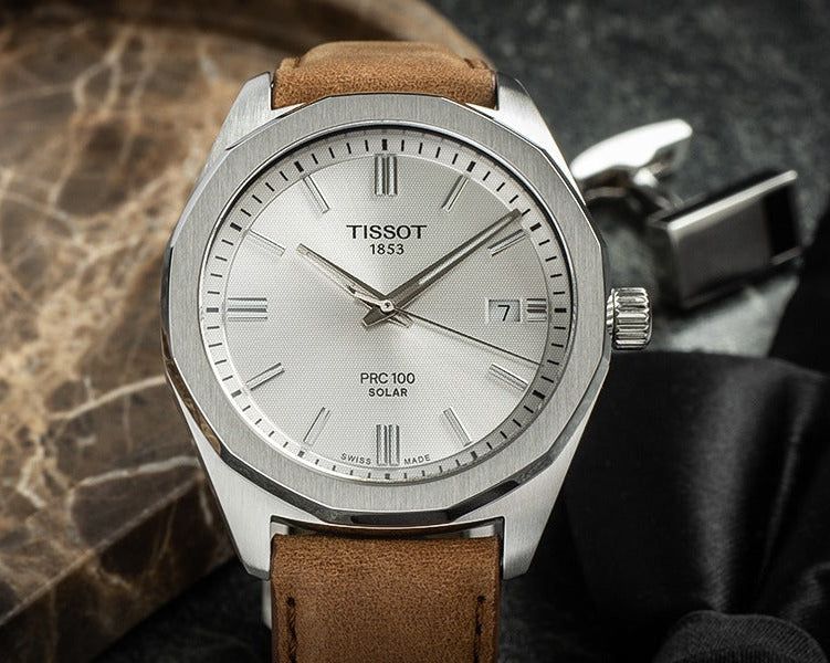 Tissot PRC 100 Solar Quartz Silver Dial Brown Leather Strap Watch for Men - T151.422.16.031.00
