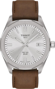 Tissot PRC 100 Solar Quartz Silver Dial Brown Leather Strap Watch for Men - T151.422.16.031.00