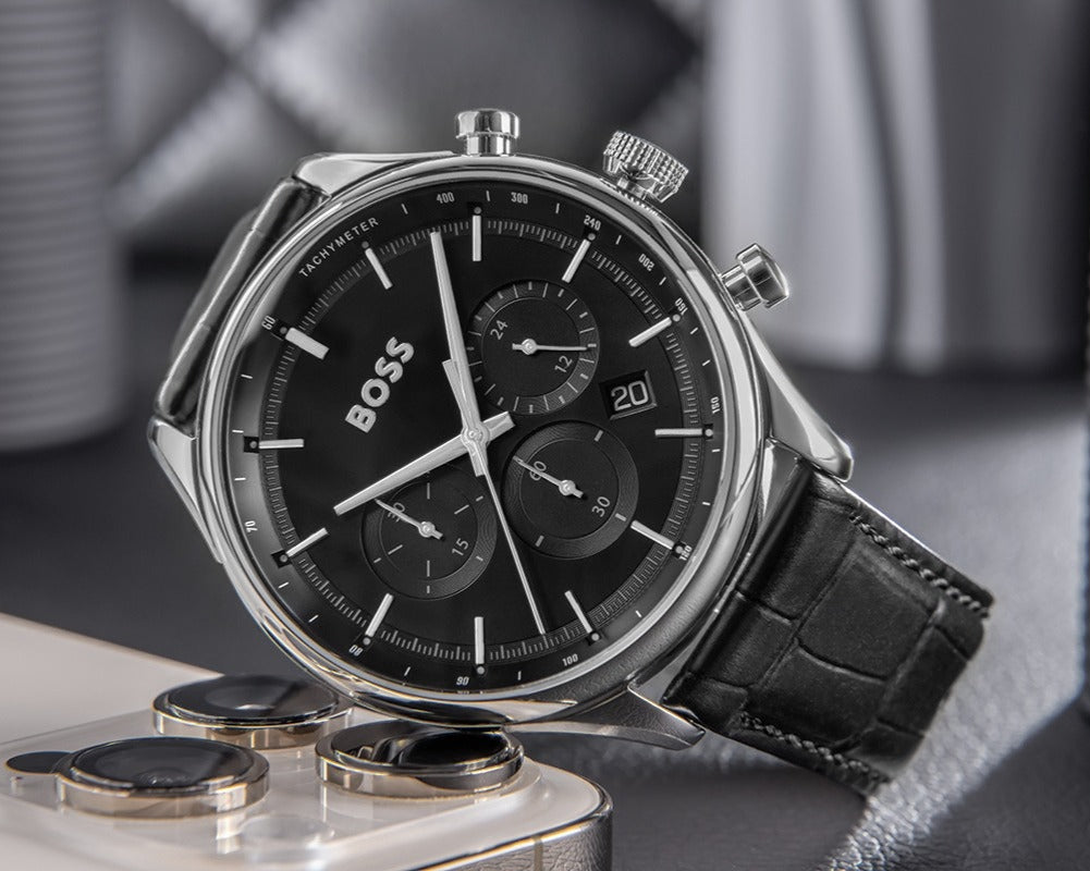  Shop Authentic Hugo Boss Gregor Chronograph Black Dial Black Leather Strap Watch for Men - 1514049 - Luxxuri