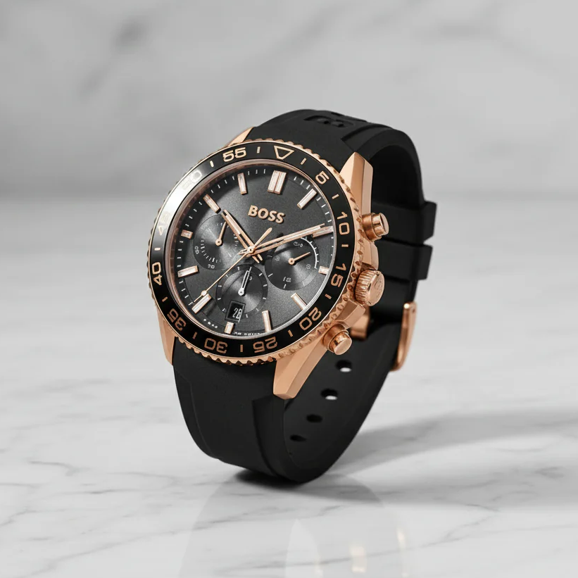 Hugo Boss Runner Chronograph Black Dial Black Silicone Strap Watch for Men - 1514168