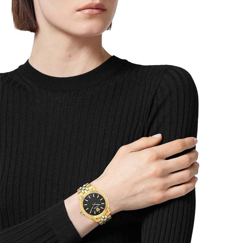  Shop Authentic Versace V-Code Quartz Black Dial Gold Steel Strap Watch for Women - VE8I00724 - Luxxuri