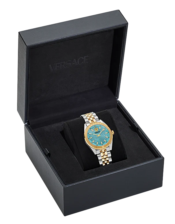  Shop Authentic Versace V-Code Analog Turquoise Dial Two Tone Steel Strap Watch for Women - VE8I00524 - Luxxuri