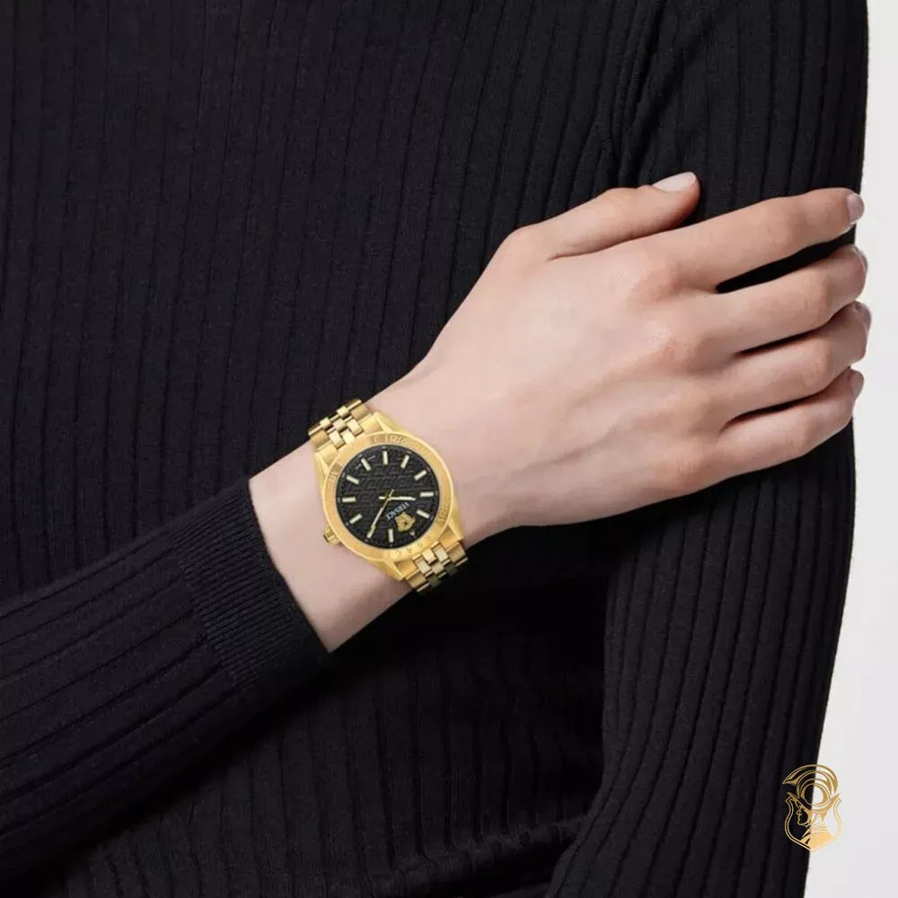  Shop Authentic Versace V-Code Quartz Black Dial Gold Steel Strap Watch for Women - VE8I00724 - Luxxuri