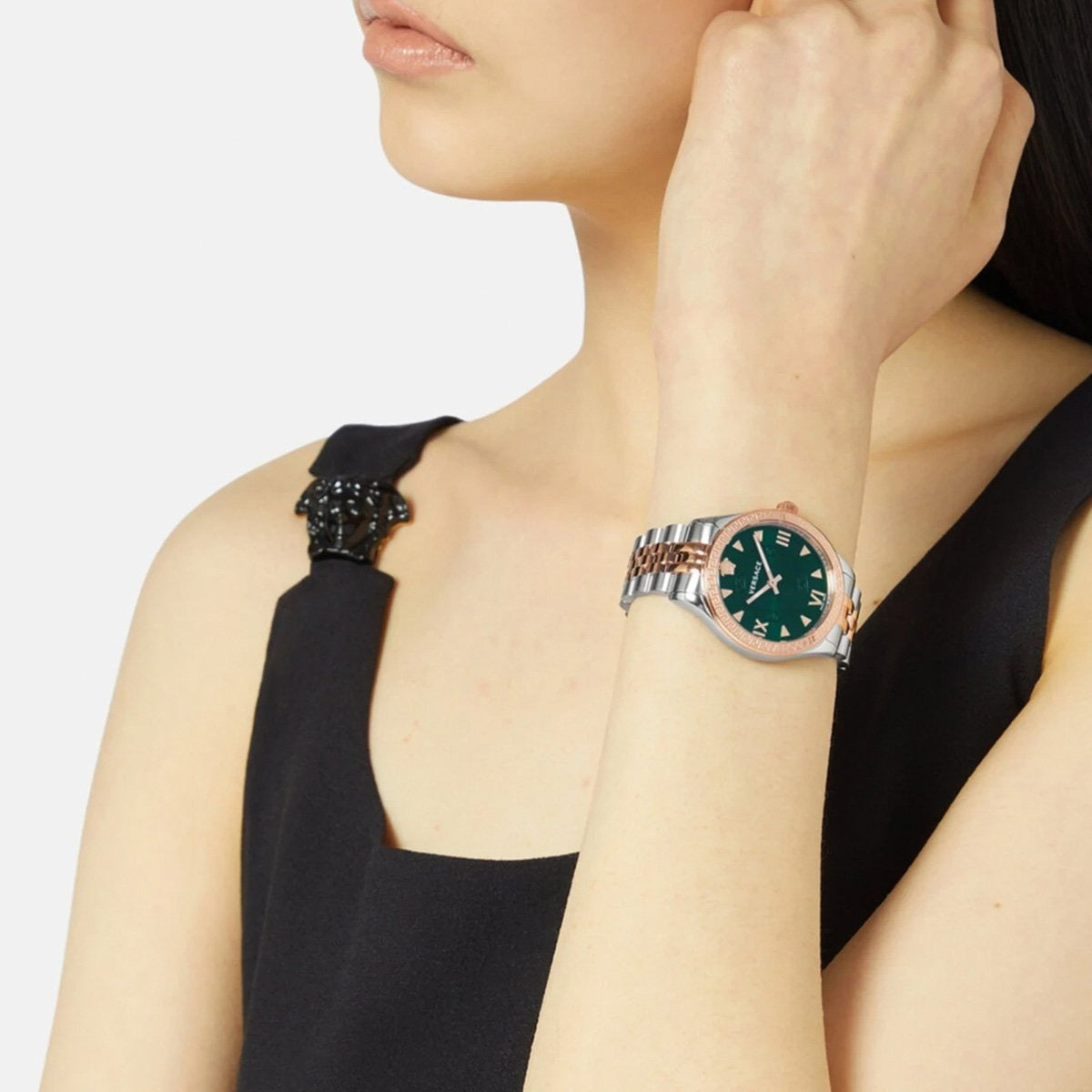  Shop Authentic Versace Hellenyium Quartz Green Dial Two Tone Steel Strap Watch for Women - VE2S00422 - Luxxuri