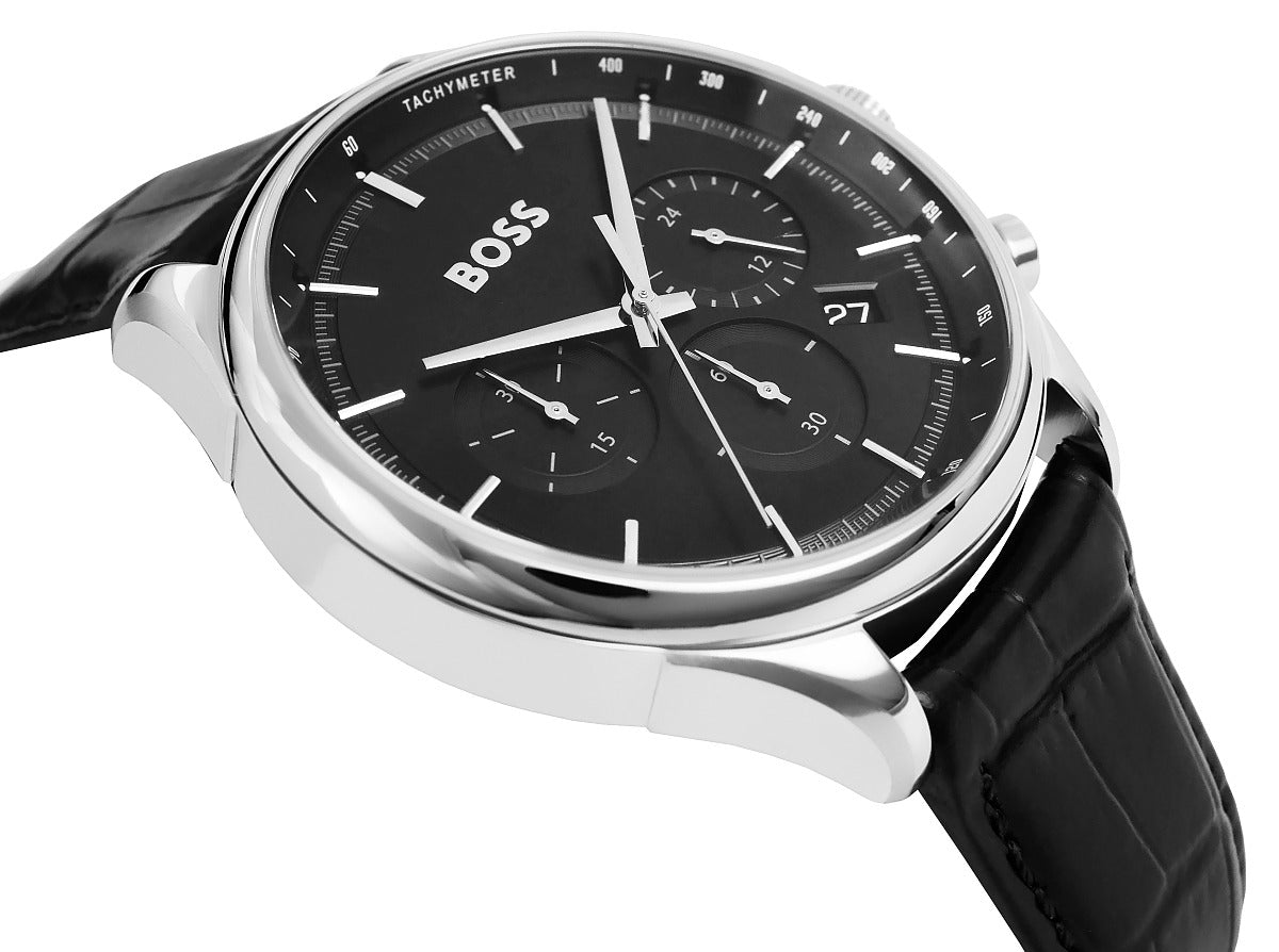  Shop Authentic Hugo Boss Gregor Chronograph Black Dial Black Leather Strap Watch for Men - 1514049 - Luxxuri