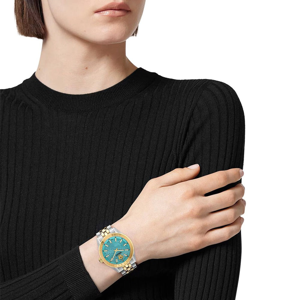  Shop Authentic Versace V-Code Analog Turquoise Dial Two Tone Steel Strap Watch for Women - VE8I00524 - Luxxuri