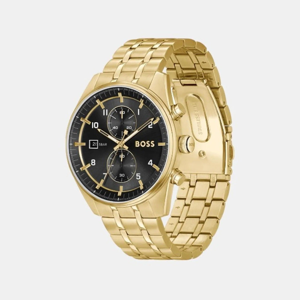 Hugo Boss Skytraveller Chronograph Black Dial Gold Steel Strap Watch for Men - 1514152