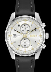 Hugo Boss Skytraveller Chronograph Silver Dial Black Leather Strap Watch for Men - 1514147