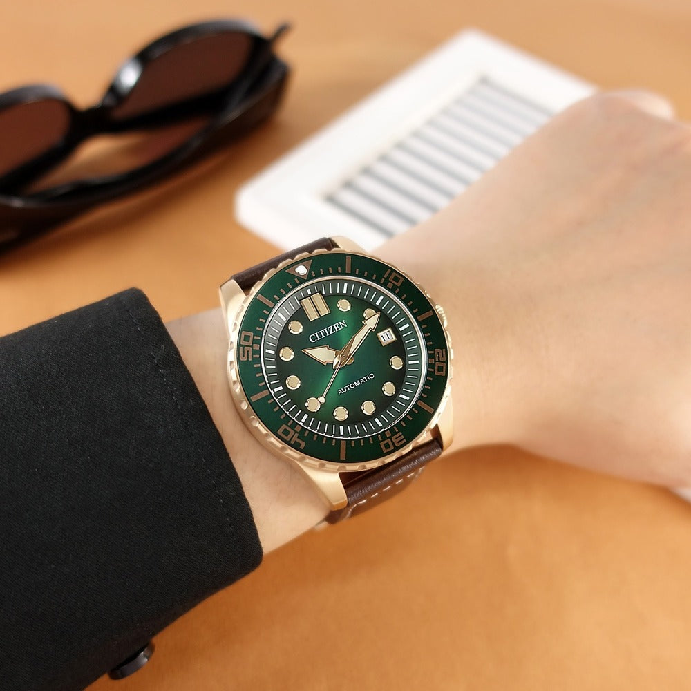 Citizen Mechanical Automatic Green Dial Brown Leather Strap Watch for Men - NJ0173-18X
