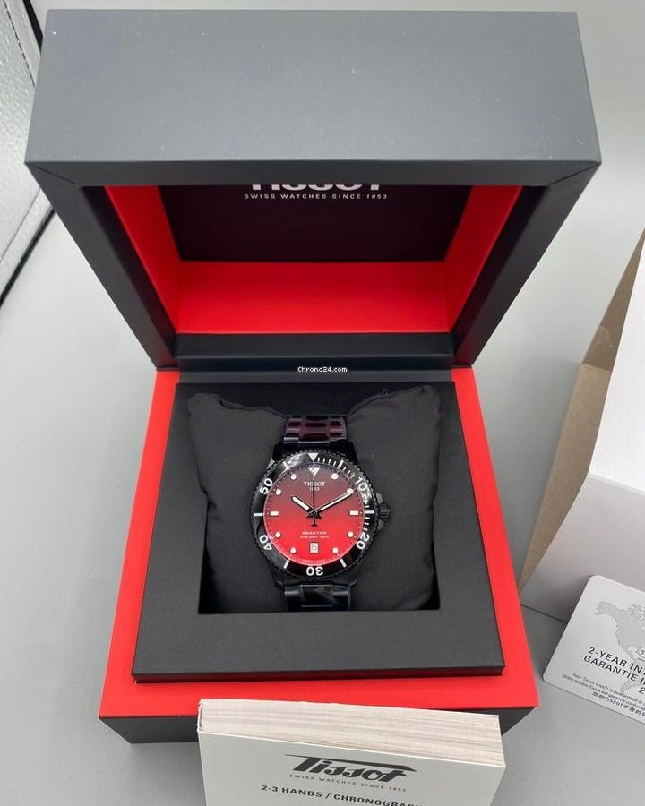 Tissot Seastar 1000 Red Dial Black Steel Strap Watch for Men - T120.410.33.421.00