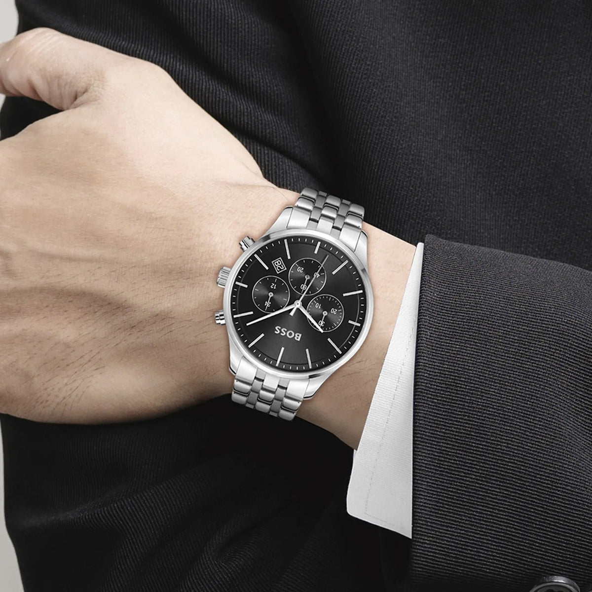  Shop Authentic Hugo Boss Avery Chronograph Black Dial Silver Steel Strap Watch for Men - 1514157 - Luxxuri