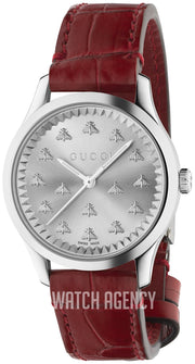 Gucci G Timeless Quartz Silver Dial Maroon Leather Strap Watch for Women - YA1265057