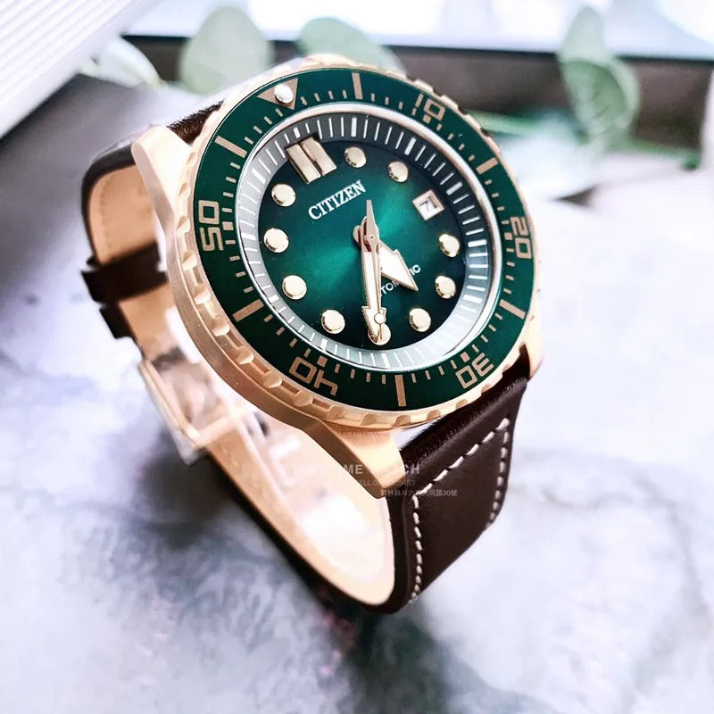 Citizen Mechanical Automatic Green Dial Brown Leather Strap Watch for Men - NJ0173-18X