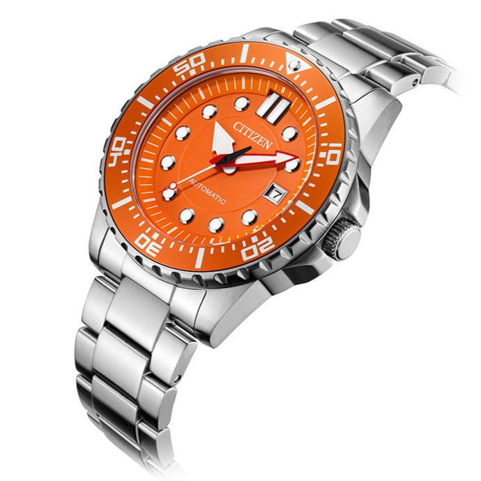 Citizen Mechanical Automatic Orange Dial Silver Steel Strap Watch for Men - NJ0128-80X