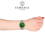  Shop Authentic Versace Hellenyium Quartz Green Dial Two Tone Steel Strap Watch for Women - VEHU00420 - Luxxuri