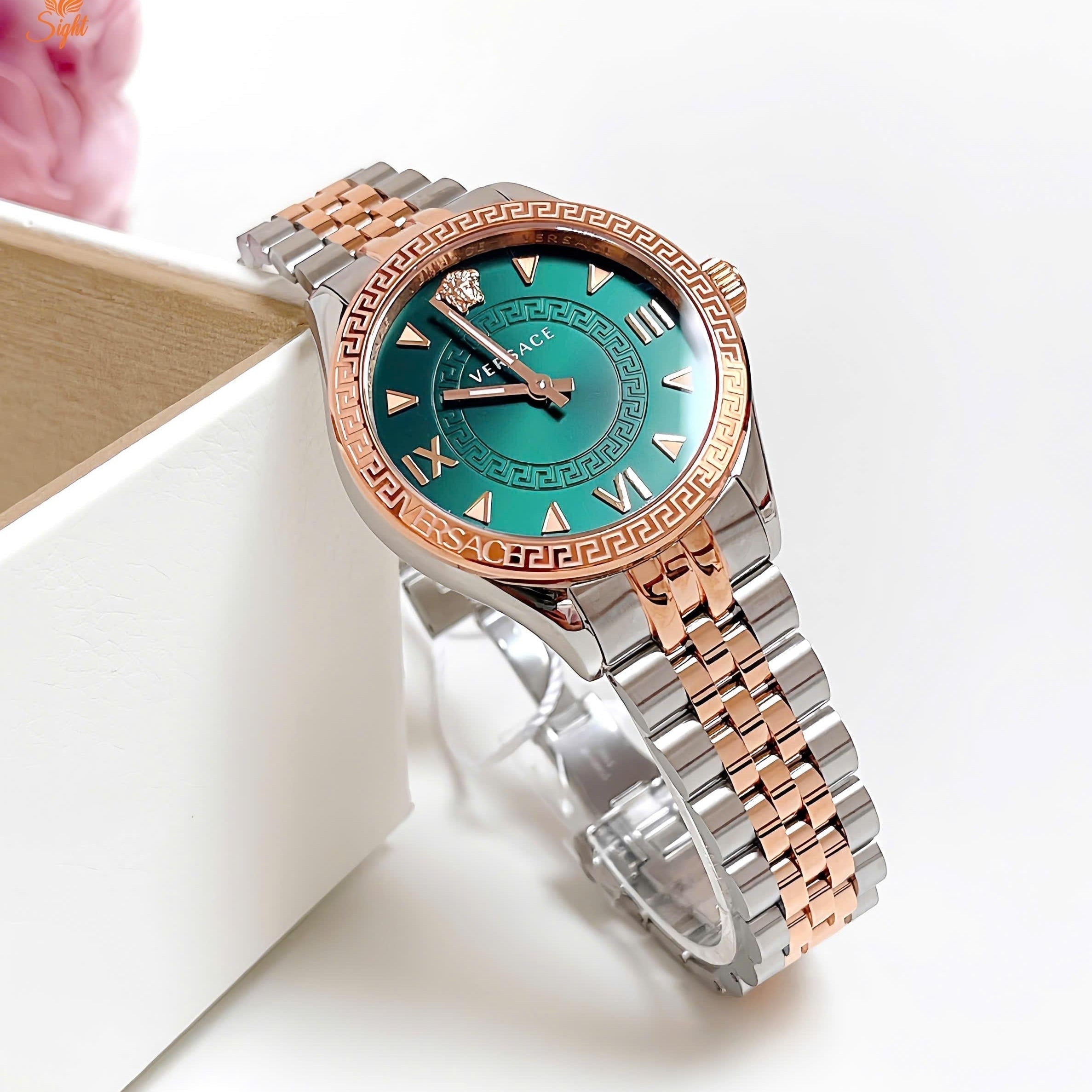  Shop Authentic Versace Hellenyium Quartz Green Dial Two Tone Steel Strap Watch for Women - VE2S00422 - Luxxuri