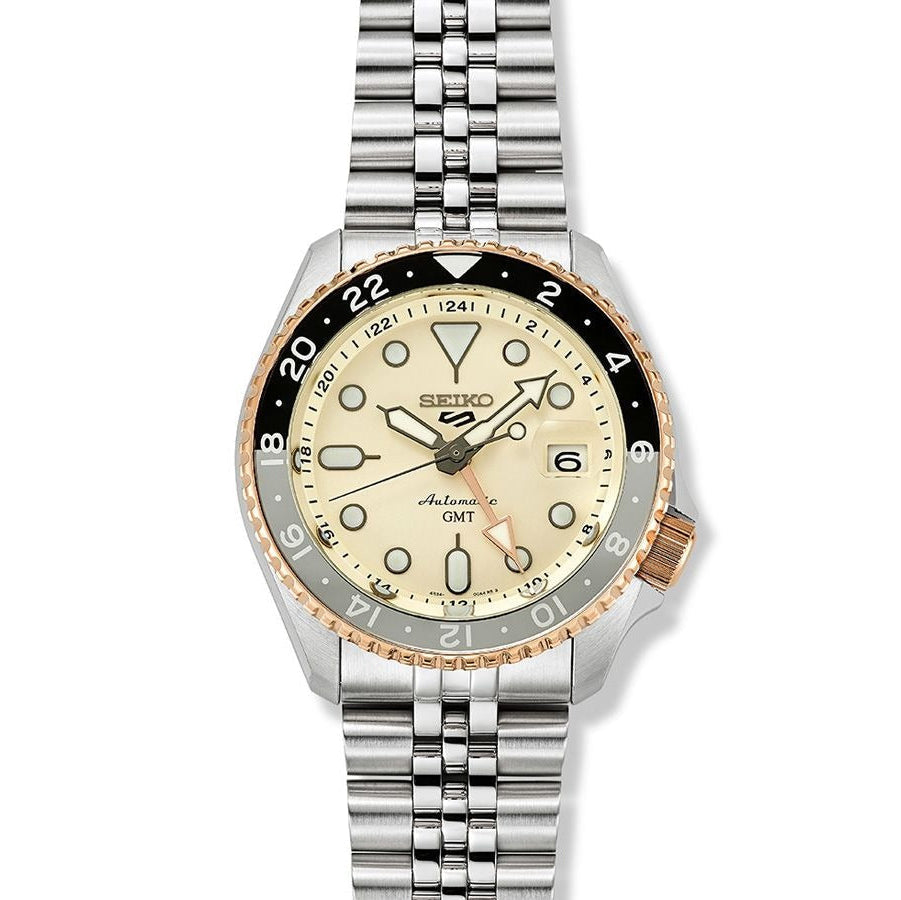  Shop Authentic Seiko 5 GMT Sport Asia Exclusive Limited Edition Off White Dial Silver Steel Strap Watch for Men - SSK046K1 - Luxxuri