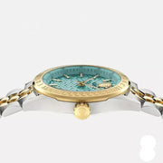  Shop Authentic Versace V-Code Analog Turquoise Dial Two Tone Steel Strap Watch for Women - VE8I00524 - Luxxuri