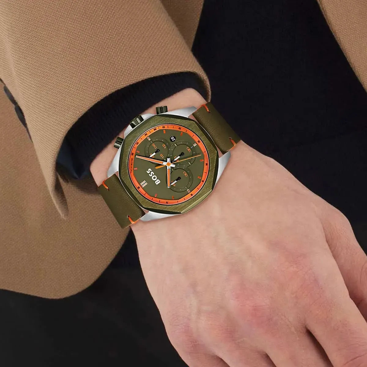  Shop Authentic Hugo Boss Cloud Chronograph Olive Green Dial Green Leather Strap Watch for Men - 1514018 - Luxxuri