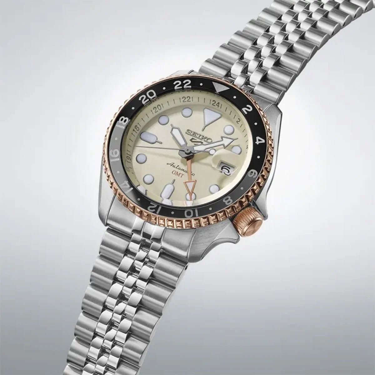  Shop Authentic Seiko 5 GMT Sport Asia Exclusive Limited Edition Off White Dial Silver Steel Strap Watch for Men - SSK046K1 - Luxxuri