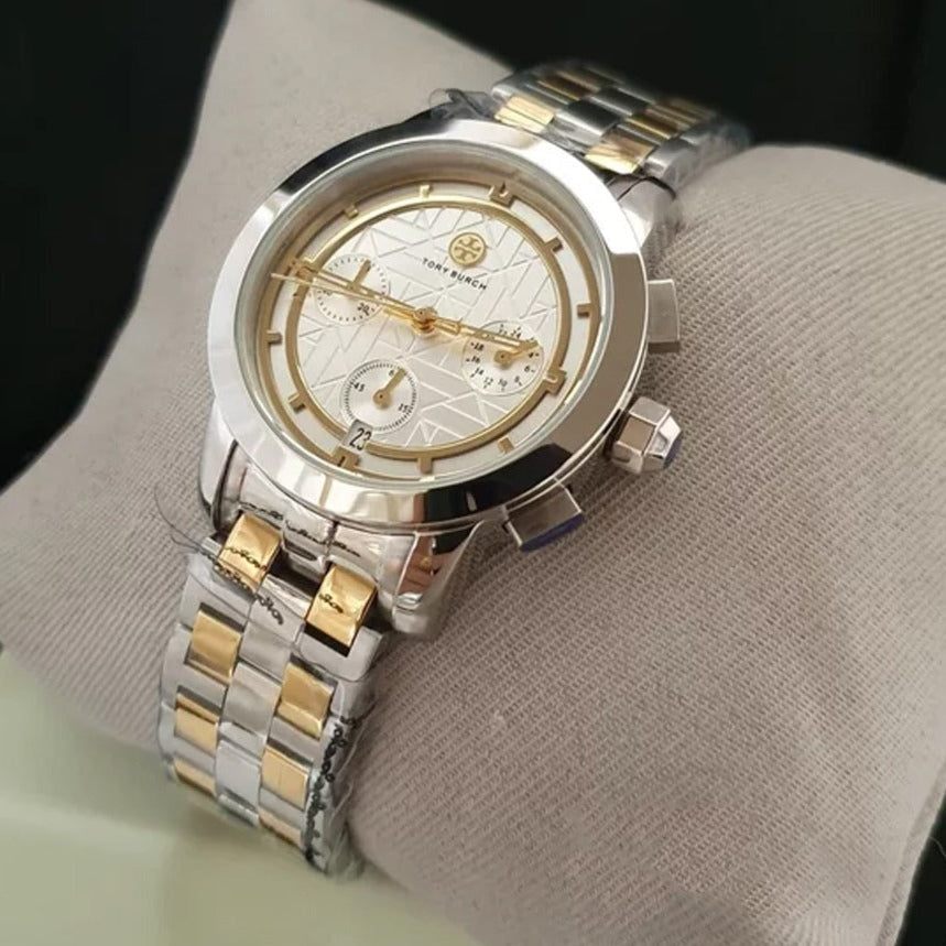 Tory Burch Classic Chronograph White Dial Two Tone Steel Strap Watch for Women - TBW1034