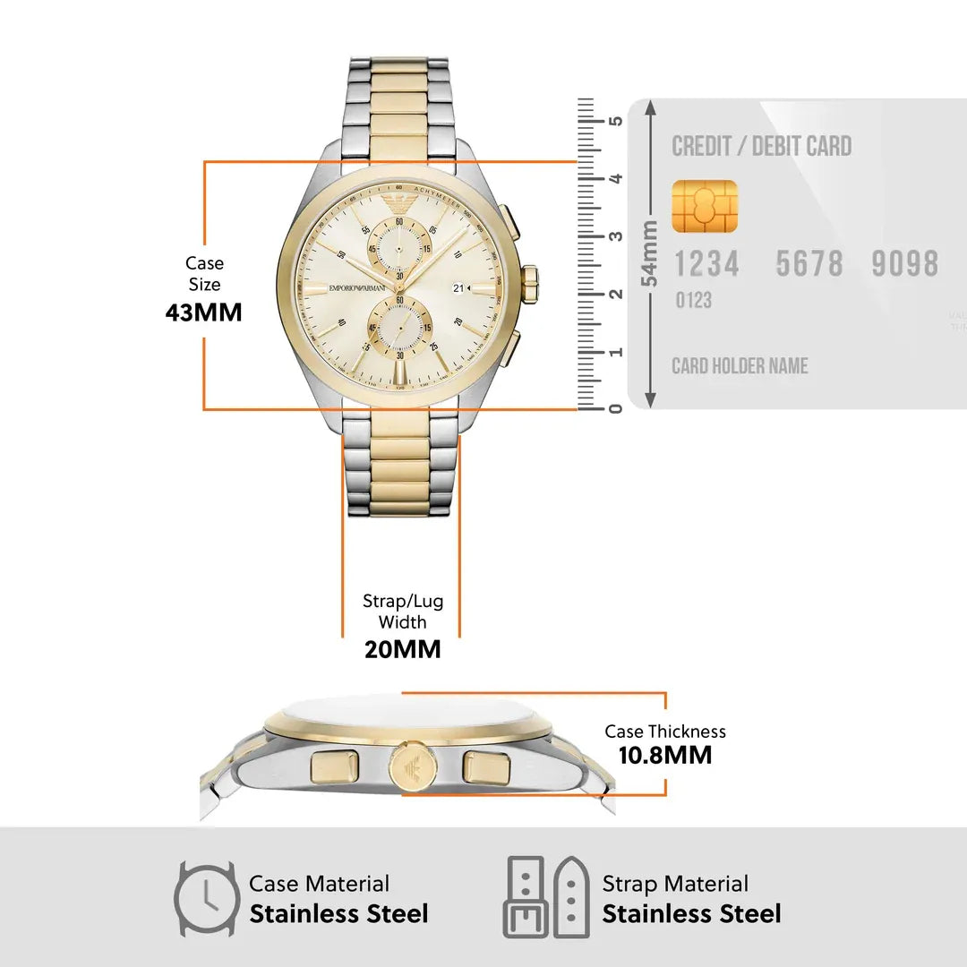 Emporio Armani Elegant Chronograph Cream Dial Two Tone Steel Strap Watch for Men - AR11605