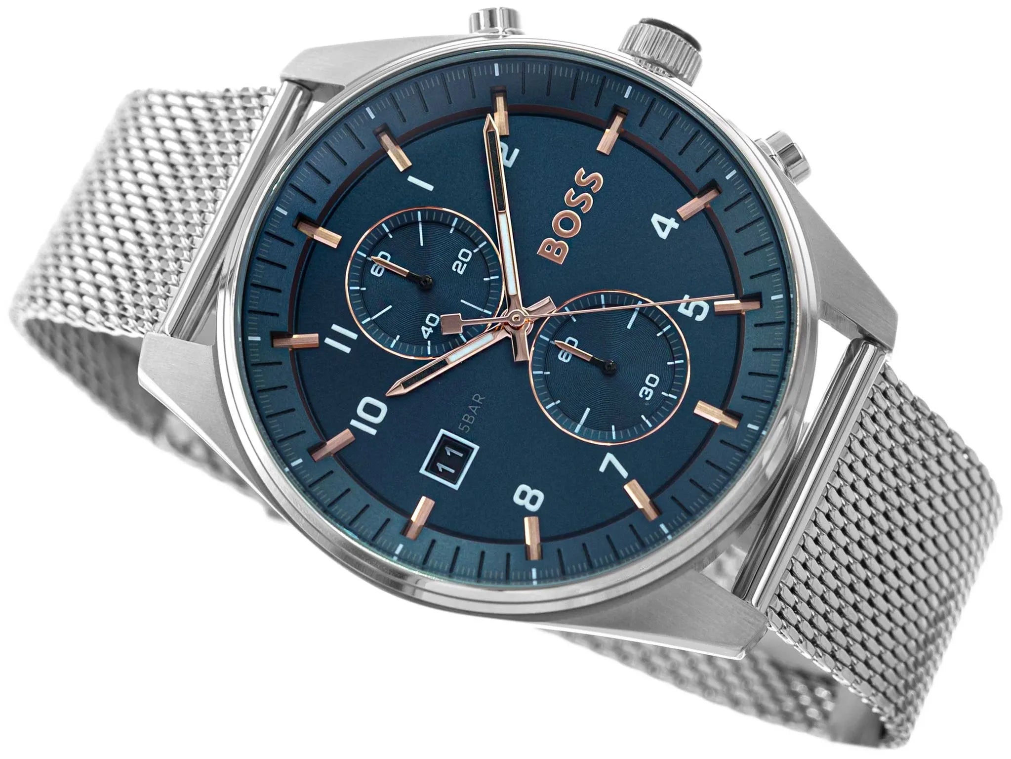 Hugo Boss Skytraveller Chronograph Blue Dial Silver Mesh Strap Watch for Men - 1514149
