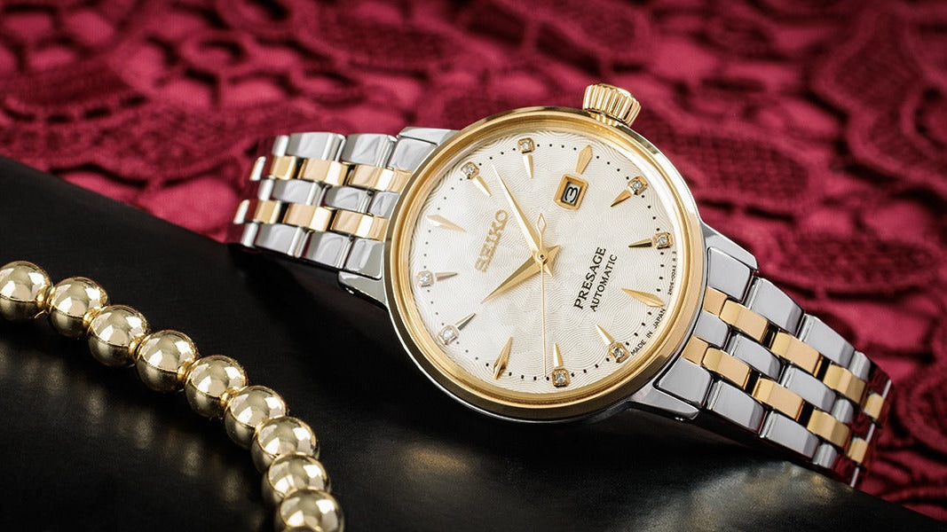 Seiko Presage Cocktail Time Automatic Diamonds White Dial Two Tone Steel Strap Watch for Women - SRE010J1