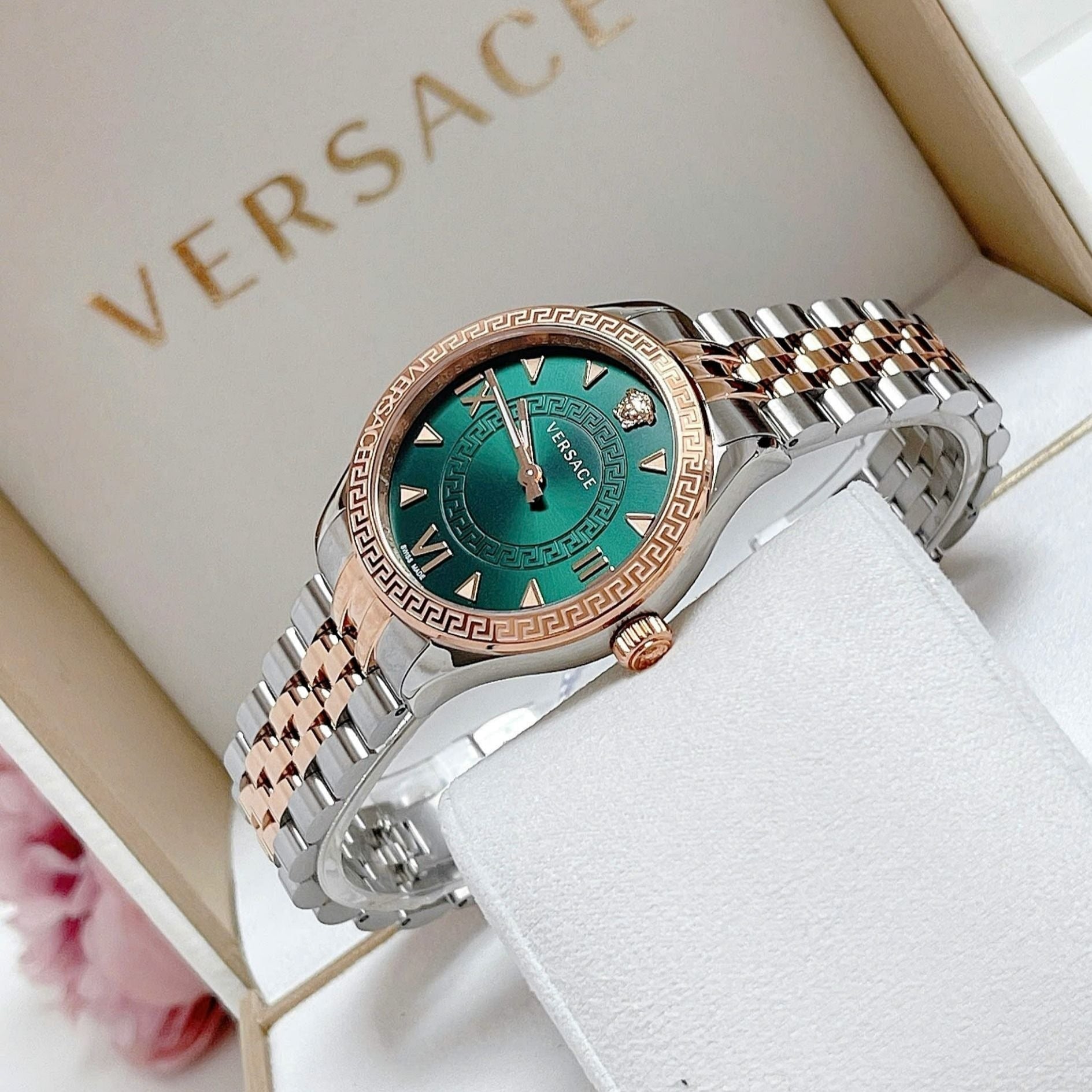  Shop Authentic Versace Hellenyium Quartz Green Dial Two Tone Steel Strap Watch for Women - VE2S00422 - Luxxuri