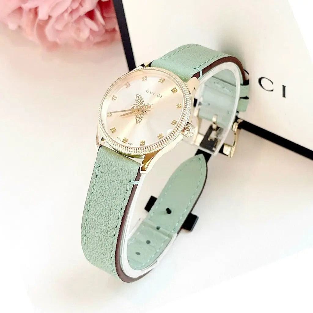 Gucci G Timeless Silver Dial Green Leather Strap Watch for Women - YA1265040