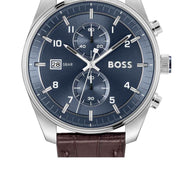 Hugo Boss Skytraveller Chronograph Blue Dial Brown Leather Strap Watch for Men - 1514194