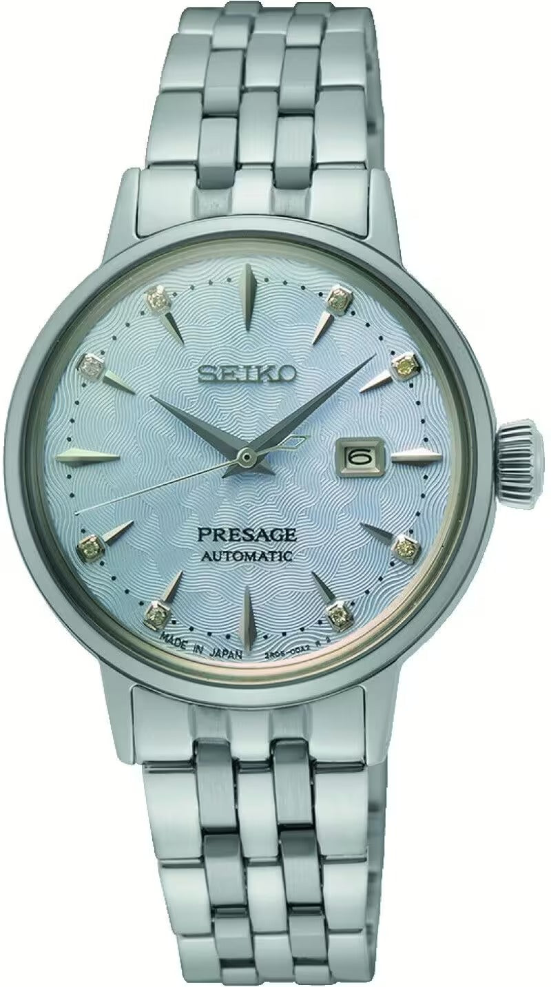 Seiko Presage Cocktail Time Automatic Skydiving Diamonds Blue Dial Silver Steel Strap Watch for Women - SRE007J1