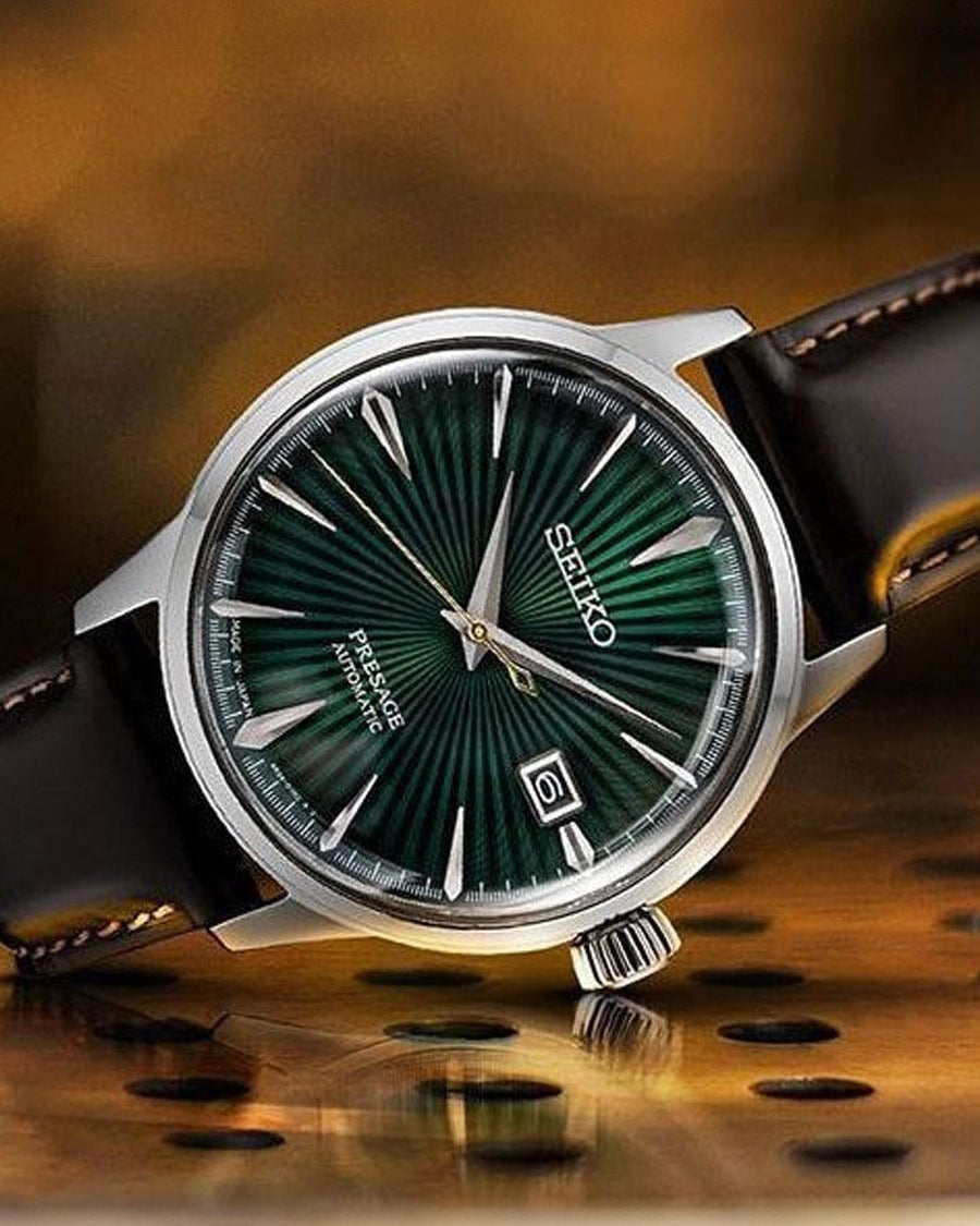 Seiko Presage Cocktail Time Automatic Green Dial Brown Leather Strap Watch for Men - SRPD37J1