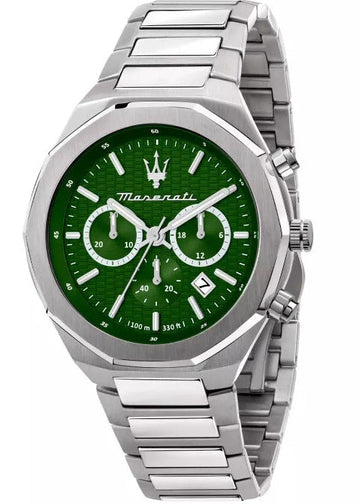 Maserati Stile Chronograph Green Dial Silver Steel Strap Watch for Men - R8873642011