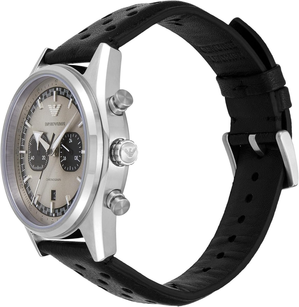 Emporio Armani Racer Chronograph Silver Dial Black Leather Strap Watch for Men - AR11677