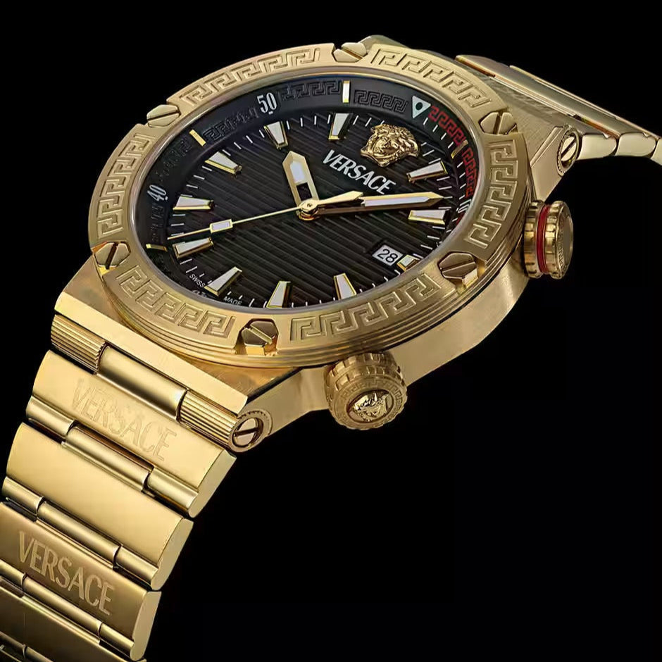  Shop Authentic Versace Greca Logo Quartz Black Dial Gold Steel Strap Watch for Men - VE8G00624 - Luxxuri